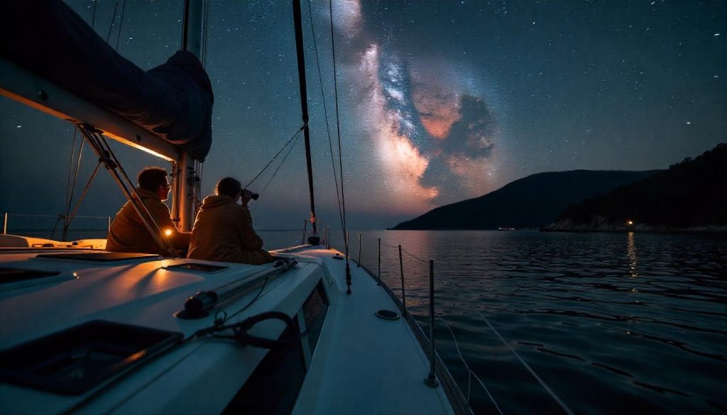 Pariskunta jahdilla Stonehavenissa, Whitsundaysissa, havaitsemassa Skorpionia parhaiden yöankkurointipaikkojen tähtien katseluseikkailun aikana.